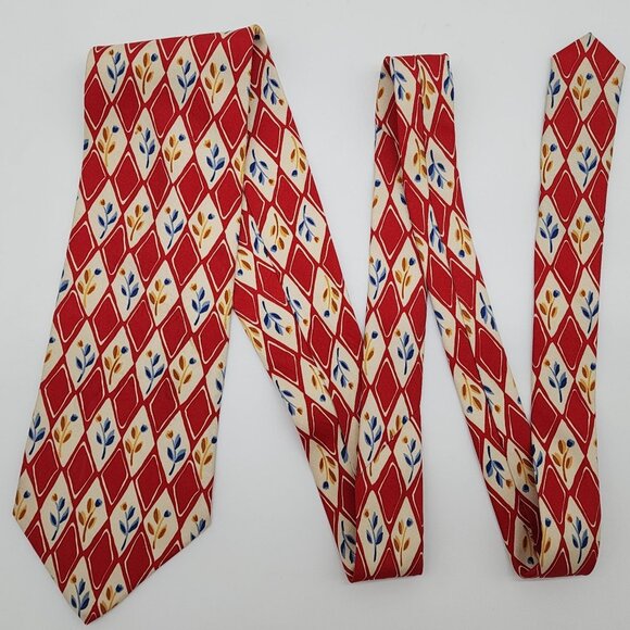 Paul Fredrick Necktie Floral Blue Red Diamonds Italian Silk 56" Long 3.75" Wide - Picture 1 of 6